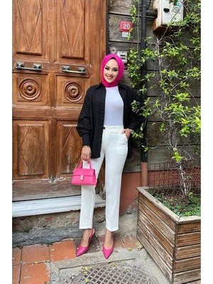 Tesettür Diyarı Cepli Kalem Paça Kumaş Pantolon- Beyaz
