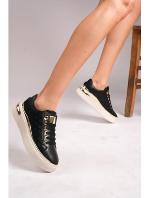 Romex Altın Detaylı siyah Kadın Sneaker - Kalın Tabanlı ve Modern Tasarım Trend Spor Ayakkabı