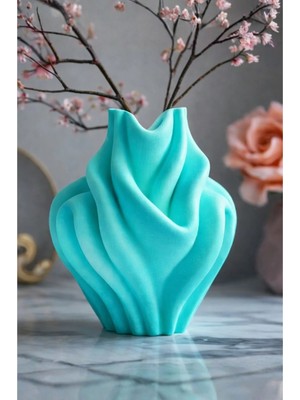 20 cm Modern Dekoratif Turkuaz Vazo Dalgalı Tasarım Salon Ofis Için Şık Vazo 3D