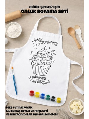 Çocuk Şef Önlüğü Boyama Seti – Kişiye Özel Isimli, Cupcake Desenli, Kumaş Boyası ve Fırça Dahil