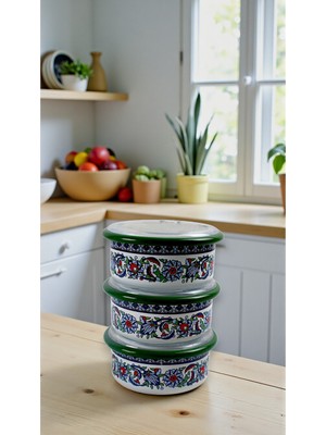 İnci Emaye 3 Parça Battal Boy,kapaklı,çini Lale Desenli Emaye Kahvaltı Seti,sunum,kahvaltı Tabağı, Reçellik