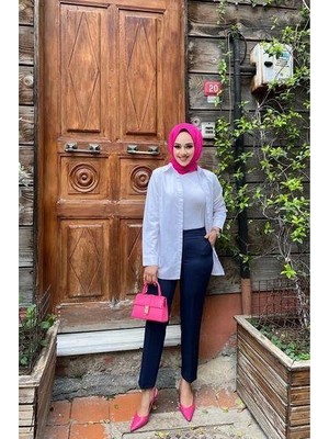 Tesettür Diyarı Cepli Kalem Paça Kumaş Pantolon- Lacivert