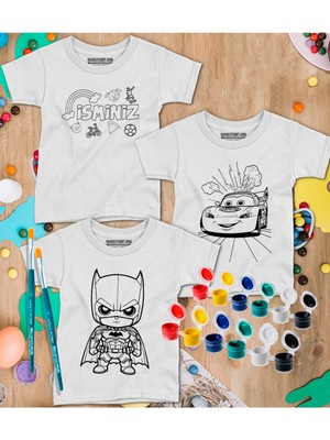 Isim Yazılan 3 Tişörtlü Boyama Seti – Çocuk Full Set Fırçalı, Kreatif Elbise Tasarım Oyunu, 3+ Yaş