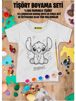 Stitch Tişört Boyama Seti – Çocuk Full Set Fırçalı, Kreatif Elbise Tasarım Oyunu, 3+ Yaş