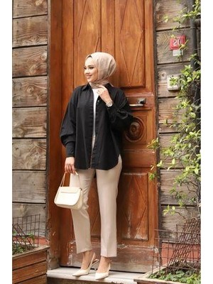 Tesettür Diyarı Cepli Kalem Paça Kumaş Pantolon- Bej