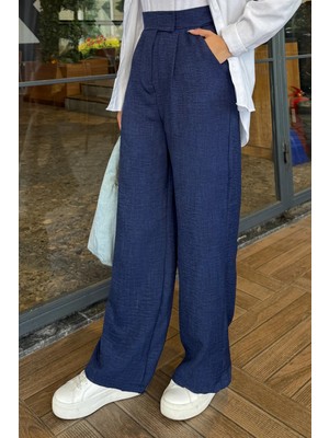 Tesettür Diyarı Sofya Keten Cırt Cırtlı Bol Paça Pantolon- Lacivert