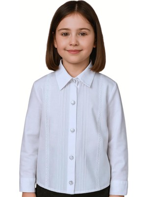 Elayza Boydan Nervürlü ve Brodeli Uzun Kollu Kız Çocuk Poplin Gömlek