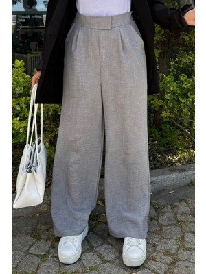 Tesettür Diyarı Sofya Keten Cırt Cırtlı Bol Paça Pantolon- Gri