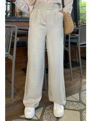 Tesettür Diyarı Sofya Keten Cırt Cırtlı Bol Paça Pantolon- Krem