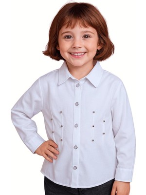 Elayza Taş Baskılı Nervürlü Kız Çocuk Beyaz Poplin Gömlek