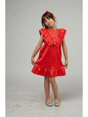  Kırmızı Saten Fırfırlı  Taşlı Abiye  Elbise 3-14 Yaş