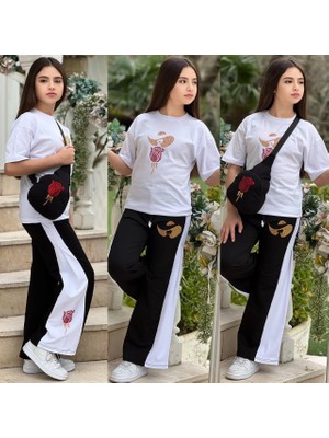 Gül Detaylı Taş Işlemeli Çantalı Penye Kız Takımlar