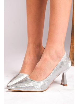 Romex Şık Metalik Altın Yılan Derisi Desenli Stiletto Ayakkabı, Özel Günler İçin, Orta Kalın Topuklu