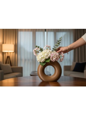 Modern Dekoratif Seramik Halka Vazo – Minimal Tasarım Çiçeklik – Salon & Ofis Masa Üstü Dekor Objesi