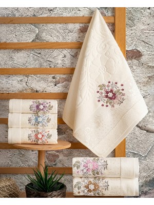 Hazangülü Collection Buldan Üretimi Çeyizlik Nakışlı Ela Kadife Krem 6'lı El/yüz Havlusu I 50X90