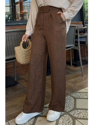 Tesettür Diyarı Sofya Keten Cırt Cırtlı Bol Paça Pantolon- Kahverengi