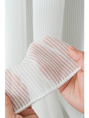 Paşamanlar Nihle Beyaz Tül Perde – Çizgili, Dokulu, Modern Salon Tülü | Ütü Istemez