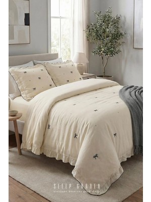 Sleep Garden Esen Nevresim Takımı %100 Pamuk Fiyonk Desenli Krem