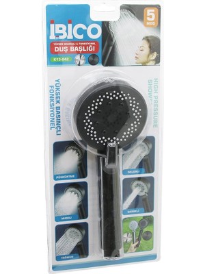 Luz&pos 5 Mod Yuvarlak=8.7cm Duş Başlık Kademeli Vakumlu Siyah Gövde - Siyah Zemin - Beyaz-Syh Iğne SAP:14CM