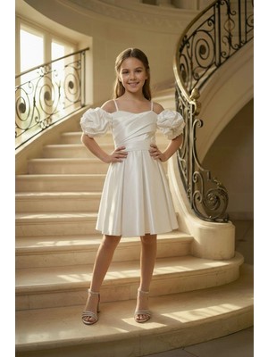 Kız Çocuk Askılı Krem Balon Kollu Monoray Kumaş Abiye Elbise 9-15 Yaş