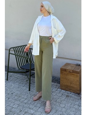 Tesettür Diyarı Kadın Keten Kumaş Cepli Beli Lastikli Pantolon- Haki