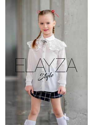 Elayza Brode Dantel Yakalı Broşlu Kız Çocuk Beyaz Gömlek