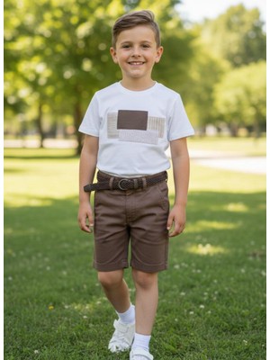 Ugly Duck 3-8 Yaş Arası Aplike T-Shırt Gabardin Şortlu Takım - Bej-Kahve