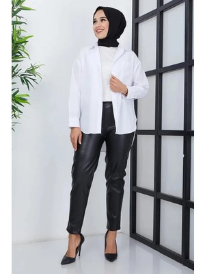Tesettür Diyarı Deri Dar Paça Cepli Şardonlu Kışlık Pantolon- Siyah