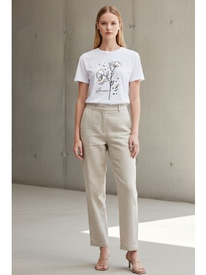 Lupinn Kadın Beyaz Çiçek Baskılı Basic Tişört – Kısa Kollu Yuvarlak Yaka Pamuklu Günlük Tişört, T-Shirt