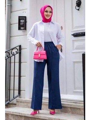 Tesettür Diyarı  Dabıl Krep Kumaş Çımalı Pantolon- Lacivert