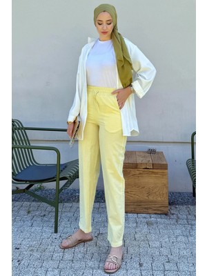 Tesettür Diyarı Kadın Keten Kumaş Cepli Beli Lastikli Pantolon- Sarı
