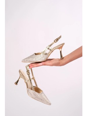 Romex Kadın gold topuklu abiye ayakkabı