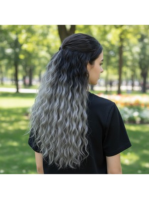 Indispensablely Fiber Sen Kabarık Dalgalı Yarım Ay + 2 Yan Çıt Çıt / Siyah Gri Ombreli