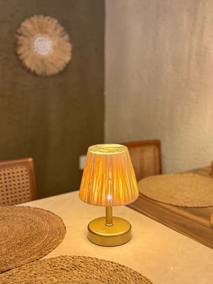 Maison Avf Doğal Rafya Saçaksız & Kaya Taşlı Kablosuz Şarjlı Masa Lambası – Alt Eskitme Gold