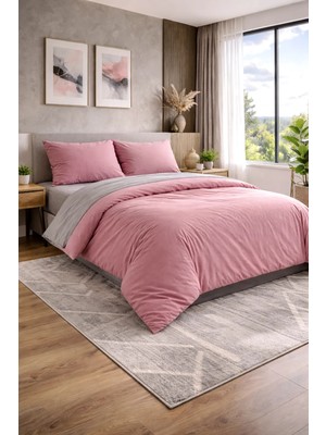 Homenup 90X190 Tek Kişilik Nevresim Takımı Lastikli Çarşaf Çift Yön Pembe-Gri