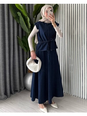 Molly Nelly Kadın Kolu Fırfırlı Fermuarlı Yelek Etek Mavi Kot Takım