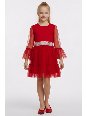 Modanino Kız Çocuk Elbise -Tül Kaplamalı-Beli Pul Detaylı 2-10 Yaş 12529