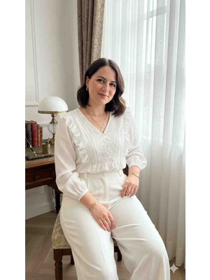 Melek Kostak Dantel Volan Fisto Detay Balon Kol Nakışlı Tasarım Keten Gömlek/bluz