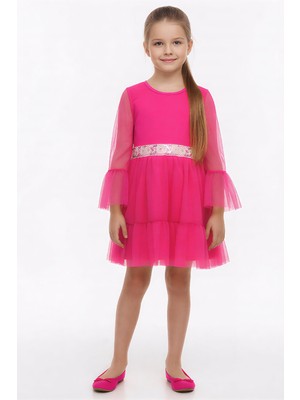 Modanino Kız Çocuk Elbise -Tül Kaplamalı-Beli Pul Detaylı 2-10 Yaş 12529