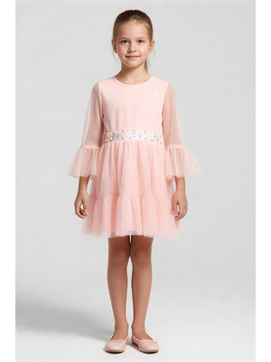 Modanino Kız Çocuk Elbise -Tül Kaplamalı-Beli Pul Detaylı 2-10 Yaş 12529