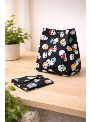 Pitaya Sanat Kurukafa / Skull Desenli Pamuklu Kumaş Çanta ve Cüzdan Seti – Unisex Günlük Kullanım
