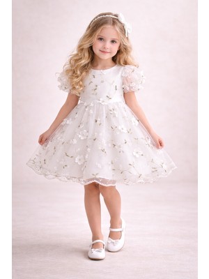 2kids2mom Kız Bebek Elbise Kız Çocuk Elbise Çiçekli Doğum Günü Parti Düğün Özel Gün Kısa Kol Astarlı Fiyonklu Beyaz