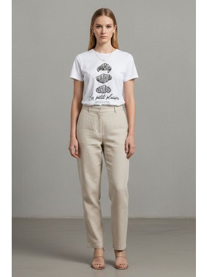 Lupinn Kadın Beyaz Baskılı Basic Tişört – Bisiklet Yaka Kısa Kollu Pamuklu Rahat Kesim Günlük Tişört, T-Shirt