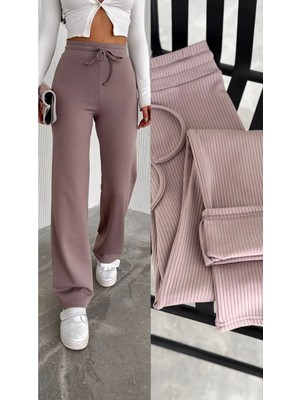 Gugus Kadın Bol Paça Içi Polarlı Fitilli Pantolon Içi Wide Leg Eşofman Altı - Vizon