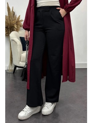 Tesettür Diyarı Kadın Likralı Krep Kumaş Cırt Cırtlı Pantolon-Siyah