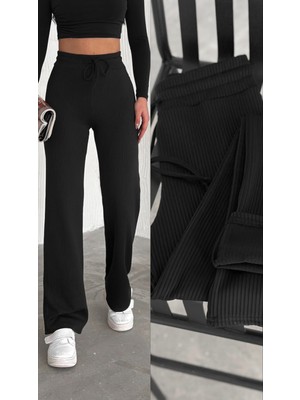 Gugus Kadın Bol Paça Içi Polarlı Fitilli Pantolon Içi Wide Leg Eşofman Altı Siyah