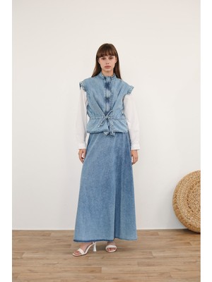 Molly Nelly Kadın Kolu Fırfırlı Fermuarlı Yelek Etek Mavi Kot Takım