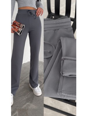 Gugus Kadın Bol Paça Içi Polarlı Fitilli Pantolon Içi Wide Leg Eşofman Altı Füme