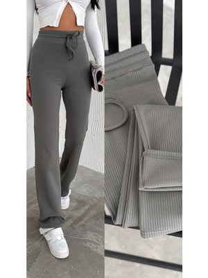 Gugus Kadın Bol Paça Içi Polarlı Fitilli Pantolon Içi Wide Leg Eşofman Altı Haki