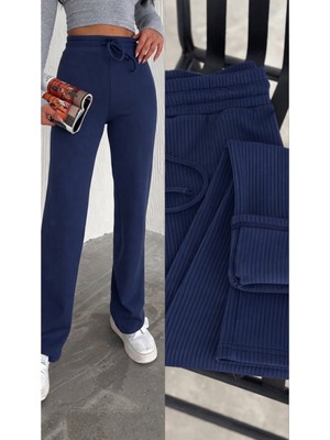 Gugus Kadın Bol Paça Içi Polarlı Fitilli Pantolon Içi Wide Leg Eşofman Altı Füme